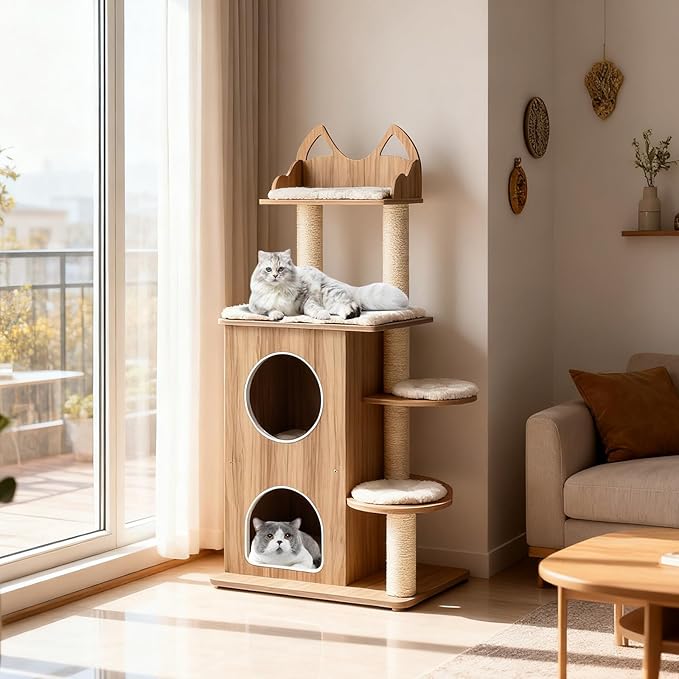 PETSITE 48-inch Wooden Cat Tree, Multi-Level Modern Cat Tower with Sisal Scratching Posts, Double-Layer Condo, Cute Top Perch, 3 Jumping Platforms with Washable Detachable Cushions