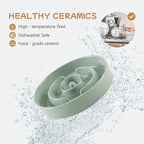 Ceramic 0.9 Cup Raised Slow Feeder Dog Bowl Set, Elevated 6.1inch Water Bowl and 6.1inch Slow Dish with Wooden Stand for Small Dogs(2 x Light Green+ Stand)