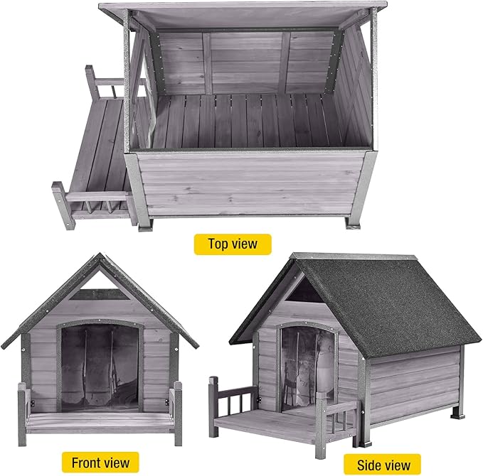 Dog House for Outdoor/Indoor, Weatherproof Outdoor Kennel for Large Dogs, Chew-Resistant Iron Frame & Asphalt Roof (Grey, L)