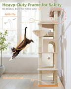 Taoqimiao 71 Inches Cat Tree for Large Cats 20lbs+, 3 Giant Perches, Multi-Level Cat Tree Tower, Widened Cat Condo with 9 Scratching Posts, Luxurious Hammcock & Basket, Beige, MS034M
