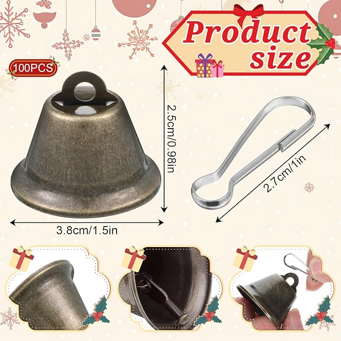 100 PCS Craft Bells Bronze Jingle Bells 1.5" X 1.7" Vintage Brass Color Mini Bell with Spring Hooks for Wedding Doors Dog Collar Jewelry Sewing DIY Favor Dog Potty Training