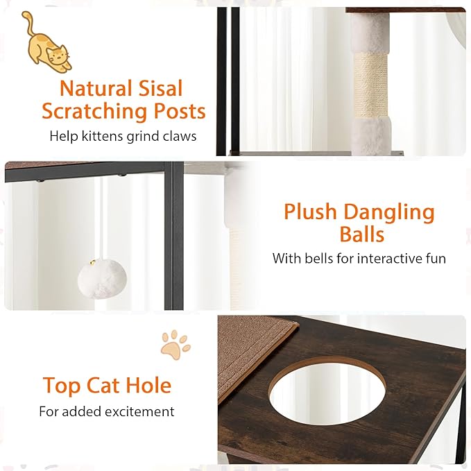 PETSITE 52 Inch Modern Cat Tree with 2 Cat Condos, Multi-Level Cat Tower with Sisal Scratching Posts, Dangling Balls, Removable Soft Cushion and Scratching Pads, Space Capsule, and Anti-Tipping Kits