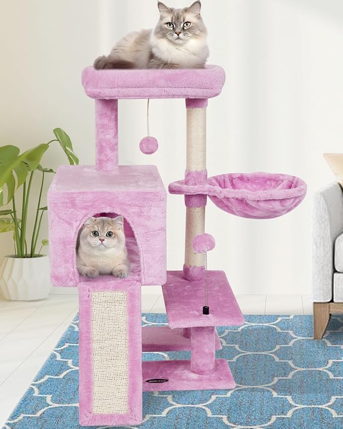MIAO PAW Cute Cat Tree Cat Tower for Indoor Condo with Sisal Scratching Posts Jump Platform Furniture Activity Center Play House Bed Fashion Design Houses Pink