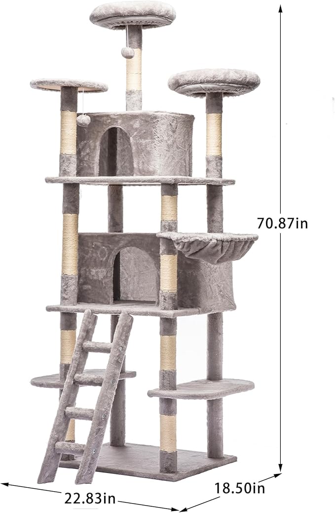70.87" Cat Tree for Indoor Cats, Multi-Level Cat Tower with 2 Private Condos, 3 Perches & Hanging Hammock, Natural Sisal Scratching Posts, Stable for Multi-Cat Families, Kittens to Seniors (Gray)
