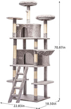 70.87" Cat Tree for Indoor Cats, Multi-Level Cat Tower with 2 Private Condos, 3 Perches & Hanging Hammock, Natural Sisal Scratching Posts, Stable for Multi-Cat Families, Kittens to Seniors (Gray)