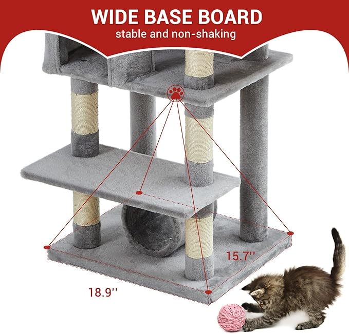 GarveeHome 67 in Cat Tree for Large Cats, Features Scratching Post, Cat Condo, Platforms, Tunnel, Hammock, Food Station & Bowls – Ideal for Indoor Cats, Light Gray