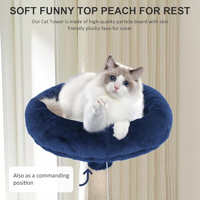 36-Inch Ergonomic Cat Activity Tower with Sisal-Wrapped Columns & Toys - Modular Design Saves Floor Space While Providing 3-Tier Vertical Play Zones for Multiple Indoor Cats（Navy Blue）