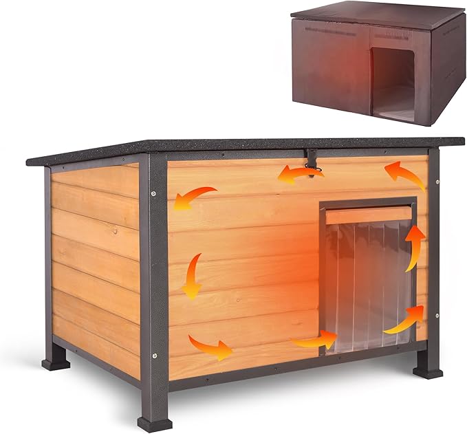 Insulated Dog House Outdoor Weatherproof, Wooden Heated Large Houses with Removable Liner for Winter, Upgrade Anti-Chewing Iron Frame Dog Shelter for Puppies, Cats