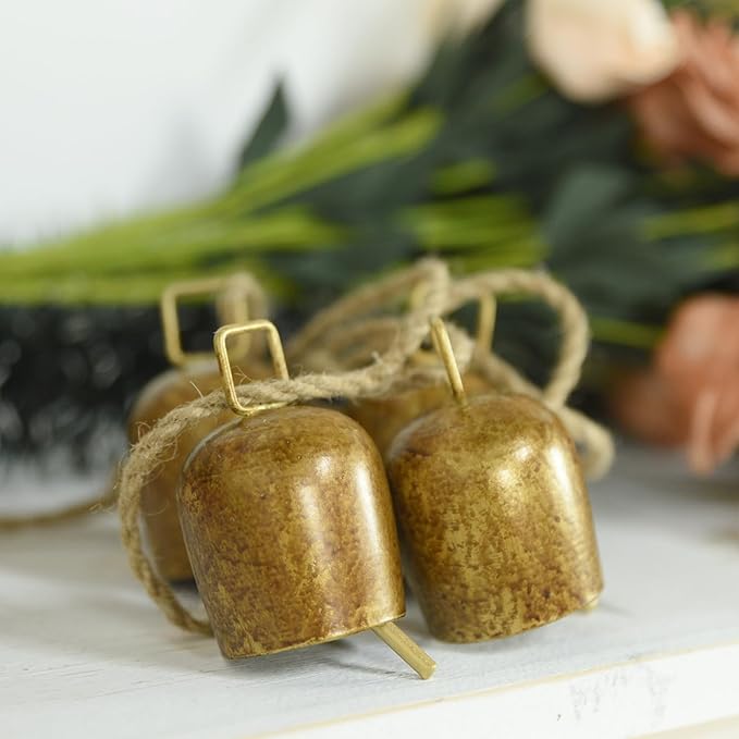 Gold Metal Vintage Bells with Jute Hanging Rope, Decorative Cow Bell for Weddings, Parties, and Christmas Wreaths, 1.7W x 2.8H