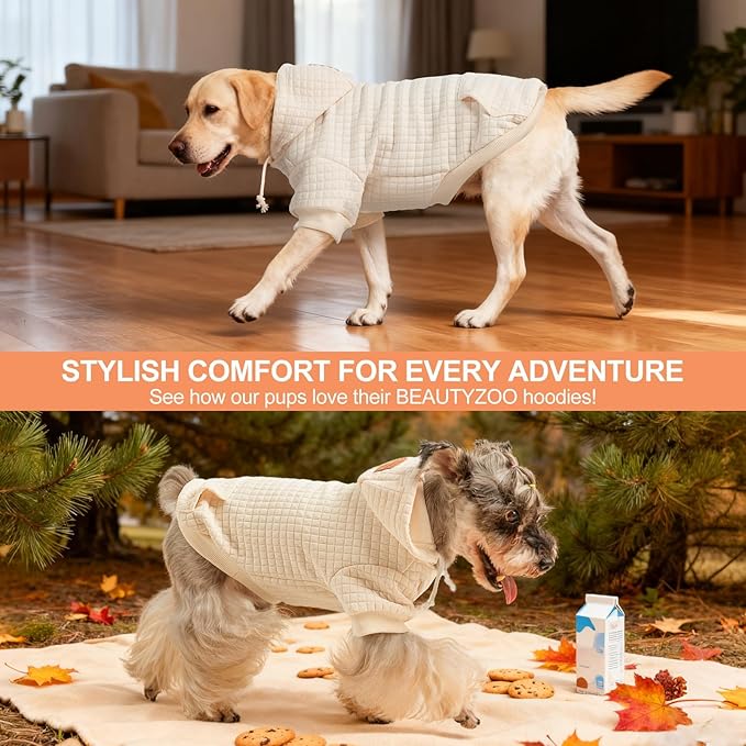 BEAUTYZOO Small Dog Hoodie Sweater with Pockets, Dog Clothes for Small Medium Dogs Boy Girl, Waffle-Like Laminated Cotton Pet Coats with Hat and Leash Hole, Cream L