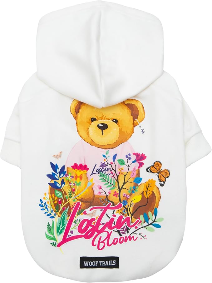 Blooming Teddy Dog Hoodie Dog Clothes Extra Warm Fleece Lining Stretchy Fit for Small Medium Dogs (White, Large)
