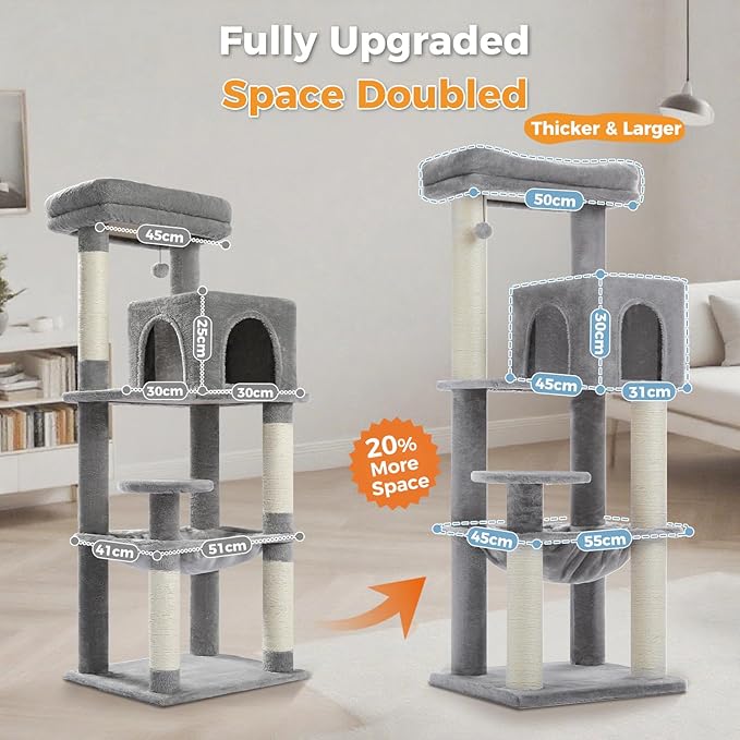 Large Cat Tree for Indoor Cats Large Adult, 57.8" Heavy Duty Cat Tower with Reinforced Scratching Posts (φ3.2in) and Plush Larger Hammock for Maine Coon & Big Cats, Supports 30lbs, Grey