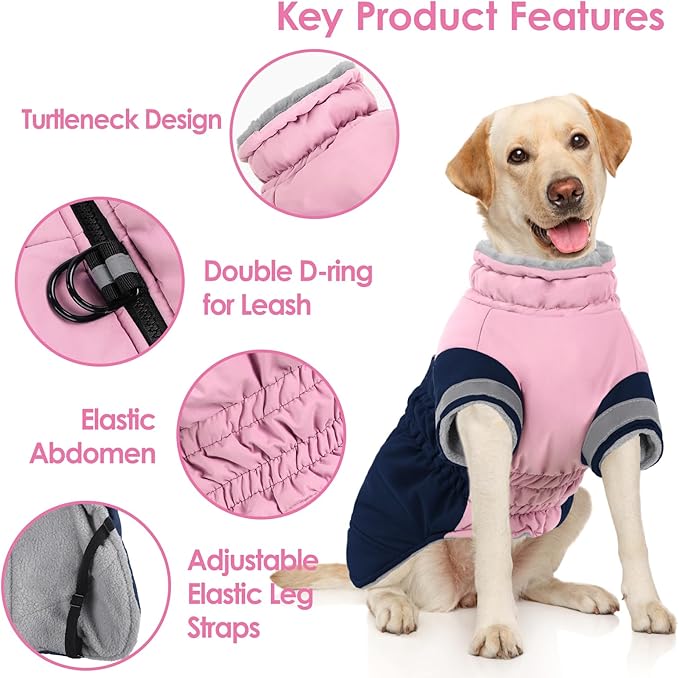 AOFITEE Dog Coat - Two Legged Medium Dog Winter Jacket - Zip Up Dogs Cold Weather Coat with Harness, Warm Pet Puffer Jackets Reflective Pet Snow Coats for Pug, Jack Russell, Boston Terrier, PinkNavy M