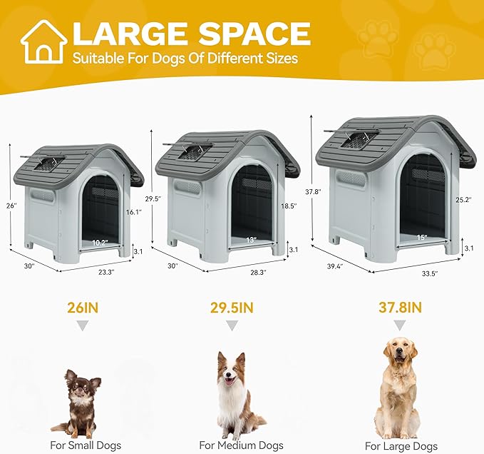 DWVO 39.4'' Plastic Foldable Dog House for Small, Medium, and Large Dogs, Waterproof Folding Pet House with Adjustable Top Window and Elevated Base (39.4''L x 33.5''W x 37.8''H)