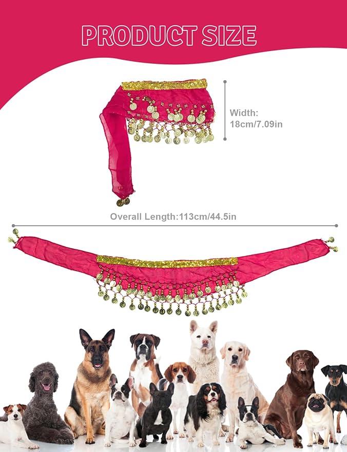 Dog Belly Dancer Costume - Puppy Outfit with Sequin Waist Chain & Hip-Shaking Skirt - Ideal for Corgi and Puppy Birthday Parties or Halloween Celebrations(Small,Rose Red)