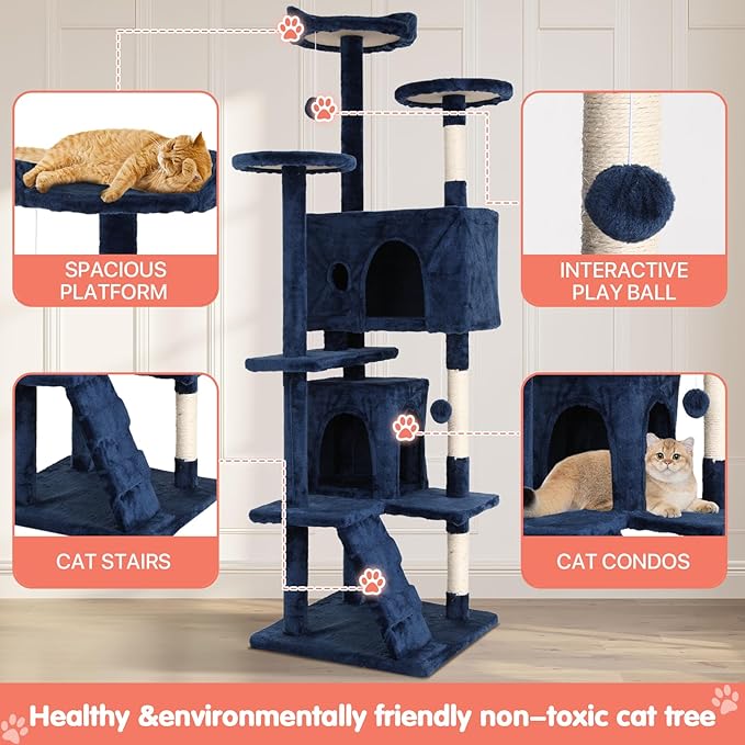 Cat Tree with Scratching Post,Cat Tower House for Indoor Large Adult Cats Kittens,21x21x70in Multi-Level Activity Cat Cando Furniture,Blue
