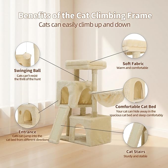 35.8-inch Cat Tree with Double Cat Beds & Hammock, Plush Perch Scratcher with Comfort Sleep Platform and Toy Ball for Indoor Cats (Beige)