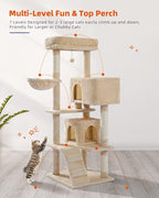 PEQULTI 56.3'' Cat Tree for Indoor Cats with Big Hammock, Cat Tower for Large Cats with 2 Door Condo House, Scratching Posts and Top Perch, Beige