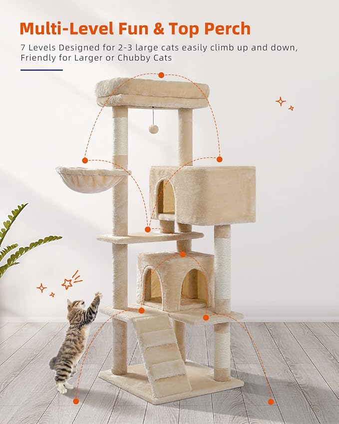 PEQULTI 56.3'' Cat Tree for Indoor Cats with Big Hammock, Cat Tower for Large Cats with 2 Door Condo House, Scratching Posts and Top Perch, Beige