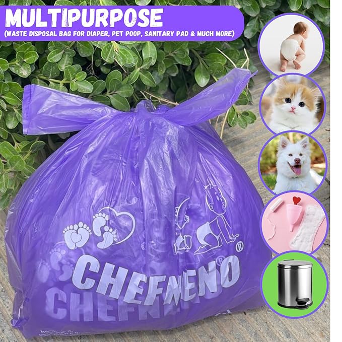 Baby Disposable Diaper Sacks (600 ct.) Fresh Baby Powder Scented, Easy-Tie Diaper Sacks Disposal Bulk Diaper Sacks Dog Poop Bags Cat Litter Waste Bags Sanitary Pads Disposal Bags (600 Bags, Purple)
