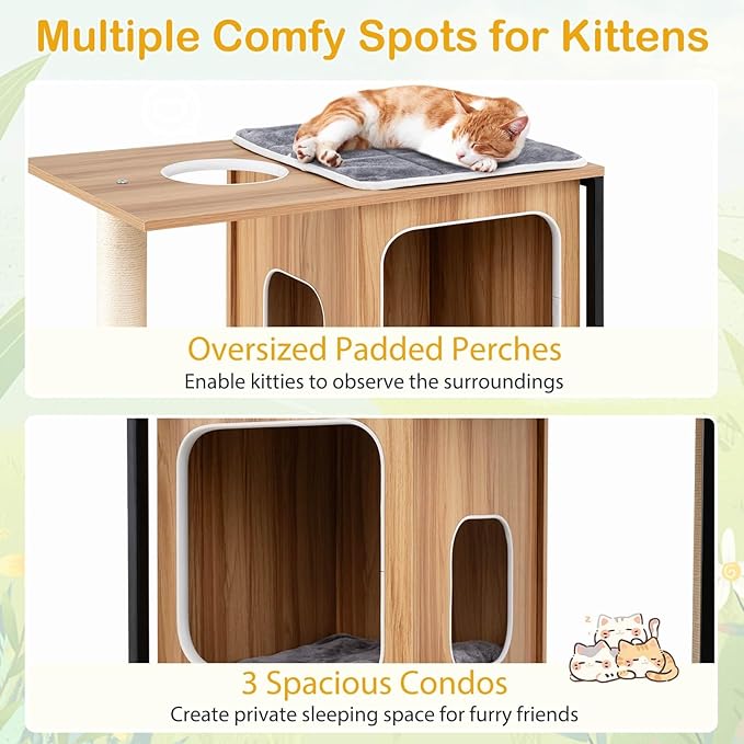 52-inch Wood Cat Tree for Indoor Cats, Multi-Level Solid Metal Framed Wooden Cat Tower with Sisal Scratching Posts and Pad, 3 Condos, and Top Platform with Cat Hole