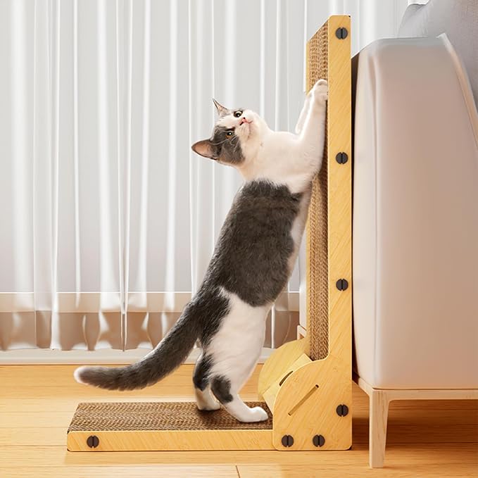 L-Shaped Cat Scratcher for Indoor Cats – Durable Cardboard Scratching Pad with Ball Toy & Catnip, Furniture Protector Cat Scratcher Lounge, Large Cat Scratch Board (Natural Design)