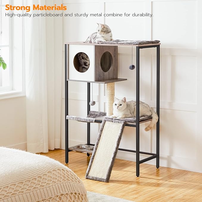 HOOBRO Wooden Cat Tree, Versatile Cat Tower with Scratching Post, Cat Hammock and Food Bowls, 4-Tier Pet House for Indoor Cats, Multi-Cat Families, Greige BG34MZ03