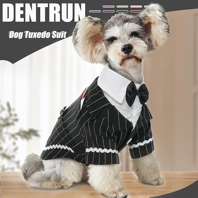 DENTRUN Dog Tuxedo Suit with Bow Tie - Formal Black & White Striped Pet Costume Shirt, Elegant Wedding Outfit Birthday Party Attire for Golden Retriever Husky Border Collie Large Dogs, XXXL