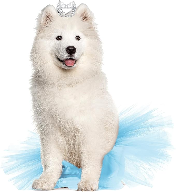 2 Pcs Dog Crown Headband Dog Tutu Dress Set Crystal Rhinestone Tiara Crown Tutu Skirt Pet Dress Costume for Puppy Birthday Party Wedding Photo Prop Costume(Blue,X Large)