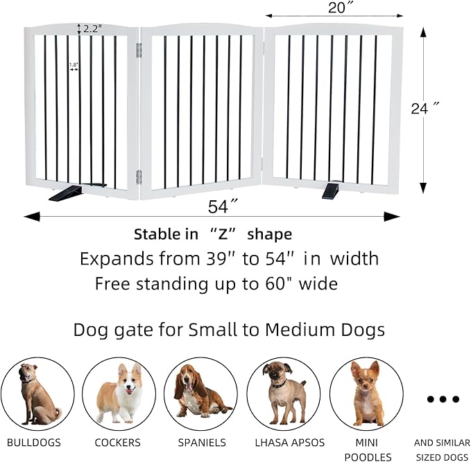 Freestanding Panel Dog Gate for Indoor, Doorways,Stairs, or Hallways,Foldable Wooden Dog Fence for House,Pet Gate for Dogs, Puppy Gate,Support Feet Included,24 "Height-3 Panels,White