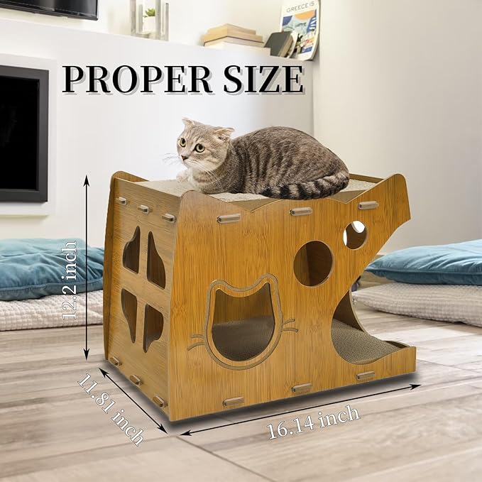 Cat Scratcher House, 2 in 1 Cat Cardboard House with 2 Scratching Pads, Sturdy Cat House Lounge for Indoor Cats to Rest and Hide, Maximum Load Capacity 66 Lbs