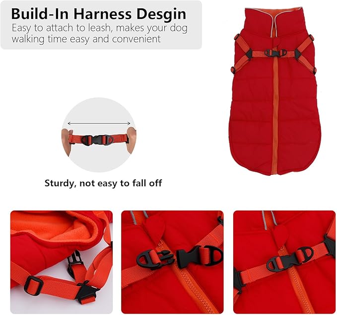 Geyecete Winter Warm Coat Waterproof Dog Winter Jacket with Harness Traction Belt,Windproof Pet Outdoor Jacket Dog Autumn-Red-M
