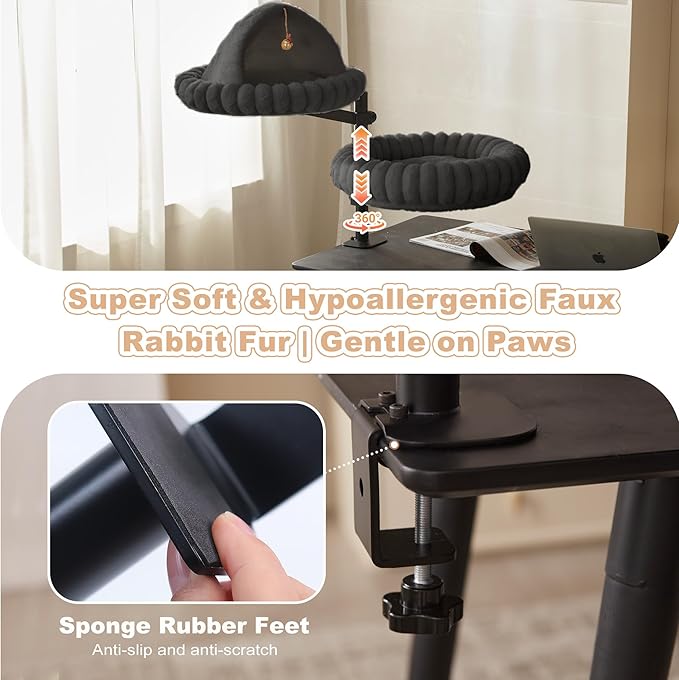Dogpals 2-in-1 Cat Desk Bed: 360° Rotating & Height Adjustable Cat Tree with Semi-Enclosed & Open Layers, No-Drill Clamp for Desk up to 1.18" Thick, Supports 9lbs for Office, Grey