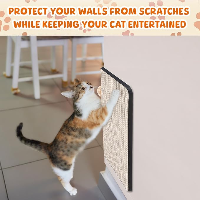 Aliceset 2 Pack 17.25 x 13 Inch Self Adhesive Wall Mounted Cat Wall Corner Scratcher Pad for Indoor Cat Kitten Scratcher Cardboard for Protector Furniture Couch Sofa with Ball Toy and Adhesive Tapes