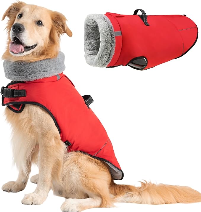 Mihachi Dog Coat for Large Dogs, Warm Dog Winter Coat Waterproof Dogs Jacket with Harness Built in Reflective Pet Fleece Vest, Puppy Cold Weather Coats Turtleneck & Windproof Pet Snowsuit, Red XL
