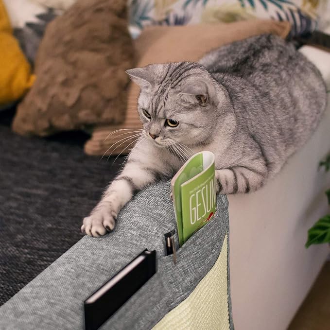 Navaris Cat Scratch Armrest Organizer - Sisal Furniture Protector Scratching Pad for Cats - Scratcher Mat Cover for Sofa Couch Armchair - Light Gray