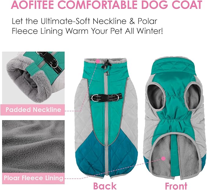 AOFITEE Dog Winter Coat, Dog Coat for Large Dogs, Reflective Large Dogs Jacket with Harness Built in and Fleece Lined, Waterproof Pet Winter Jacket Warm Snowsuit for Cold Weather, Green XXL