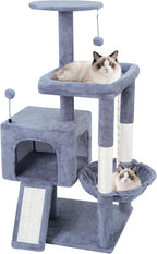 TWDEPART 37.5" All-in-One Cat Tree Tower with Scratching Board & Posts Cozy Sleeping Perch Hammock and Toy Balls,Grey