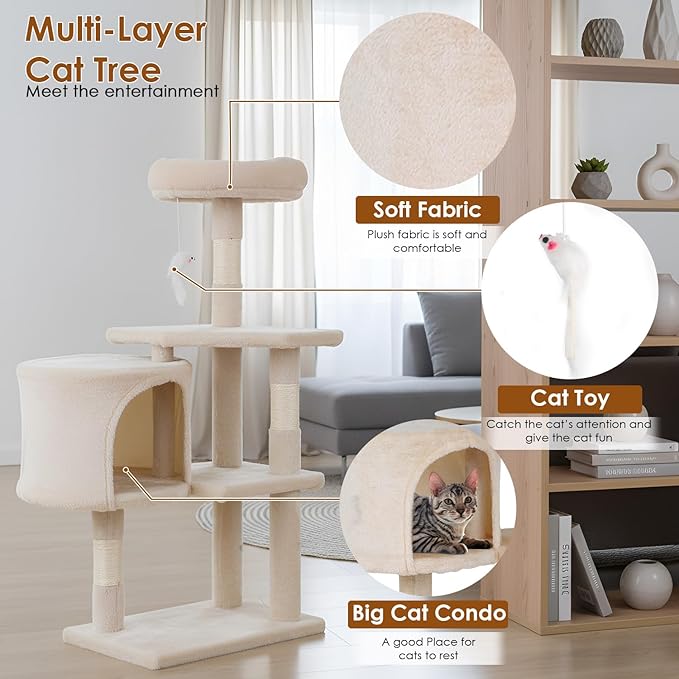 PayLessHere Cat Tree 36in Cat Tower with Cat Scratching Post, Cat Condo Stand House Furniture Kitty Activity Center with Furry Toys Cat Tree for Indoor Cats,Beige