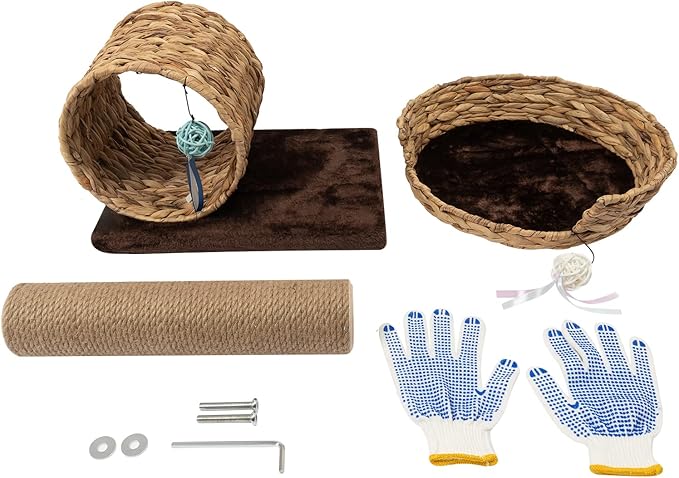 Double-Decker Cat Tree with Cat Tunnel & Perch, Sisal Scratching Post & Toy Balls, Modern Brown 15.7x12.2x19.7inch, Space-Saving Design