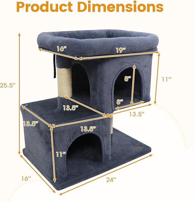 PETSITE 25.5-inch Small Cat Tree, Modern Multi-Level Cat Tower with 2 Comfy Condos, Sisal Scratching Posts, Large Plush Top Perch, and Anti-Tipping Kits, Ideal for Indoor Cats and Kittens (Dark Grey)