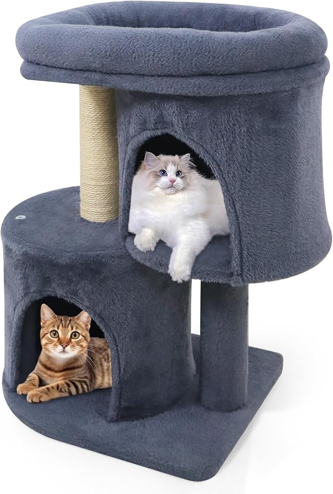 Tangkula Small Cat Tree for Indoor Cats, 26 Inch Cat Tower with Sisal Scratching Posts, Dual Cat Condos with Large Padded Push Perch, Modern Cat Climbing Furniture Activity Center (Dark Grey)