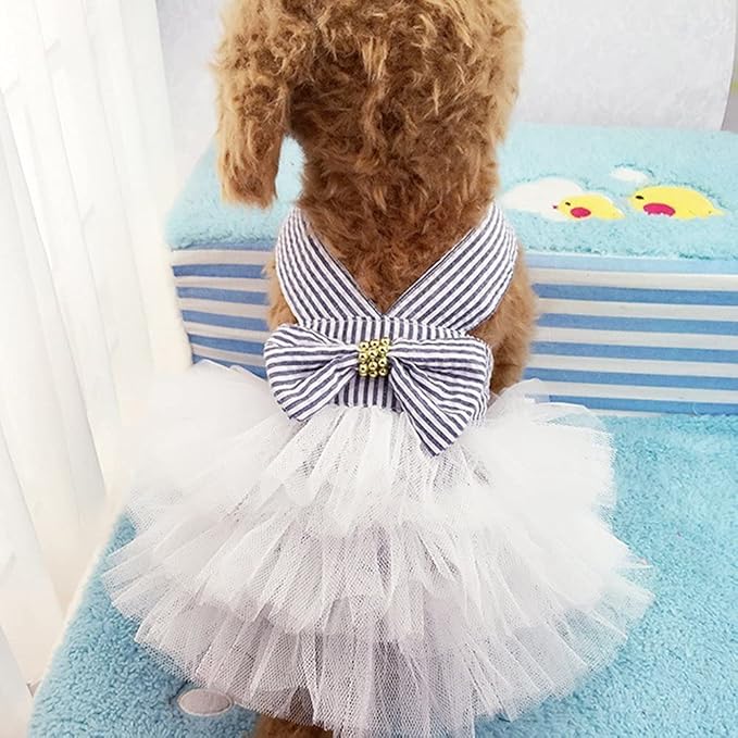 Dog Dresses, Fashion Pet Dog Clothes, Striped Mesh Puppy Dogs Princess Dresses (Blue, XX-Large)