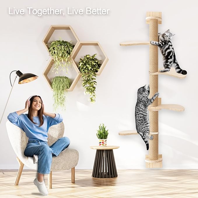 76.8" Tall Cat Tree, Floor to Ceiling Cat Tower, Wall-Mounted Cat Tree Scratching Tower, 5 Tiers Cat Climbing Tree with Scratching Post for Indoor Cats 1 Set