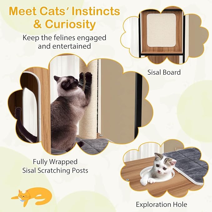 52-inch Wood Cat Tree for Indoor Cats, Multi-Level Solid Metal Framed Wooden Cat Tower with Sisal Scratching Posts and Pad, 3 Condos, and Top Platform with Cat Hole
