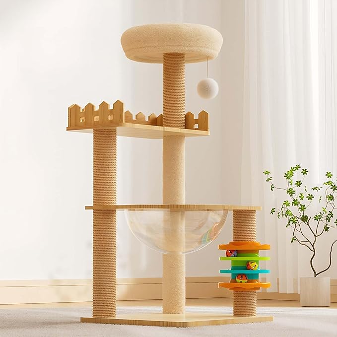 39.3” Wood Cat Tower with Sisal Scratching Post, Modern Cat Tree with Acrylic Bowl, Climbing Ladder & Hanging Ball Toy, Multi-Level Cat Activity Center (39.3 inch)