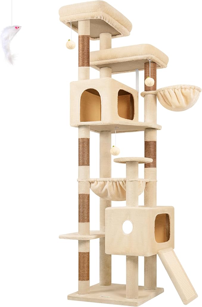 Globlazer 80 Inch Cat Tree for Large Cats, Stable Multi-Level Cat Tree with 2 Condos & Sisal Scratching Posts for 2-3 Cats, Thickened Base Space Saving Cat Tree Tower, F80G, Beige