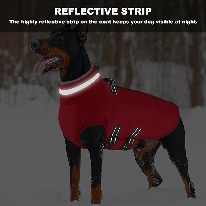 Mklhgty Large Dog Coat with Harness Built-in, Waterproof Reflective Fleece Lined - Warm Windproof Winter Jacket with Back Zipper, Cold Weather Snow Dog Coats - Red - 2XL