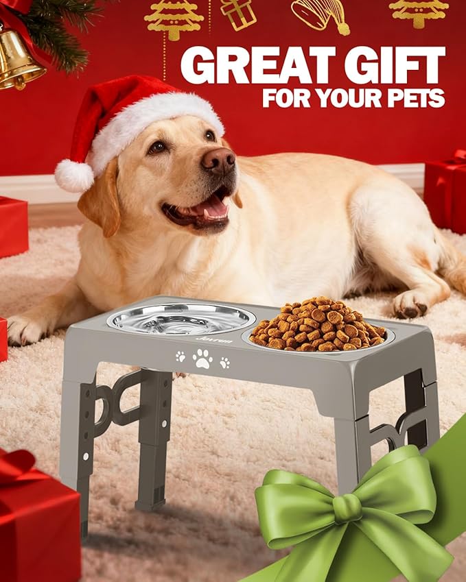 Elevated Dog Bowls for Medium Size Dogs, Non-Slip Dog Feeder with 1*Stainless Steel Dishes & 1*Slow Feeder Bowl, 5 Heights Adjustable Raised Bowls to 3.15″-8.66″-9.84″-11.02″-12.2″