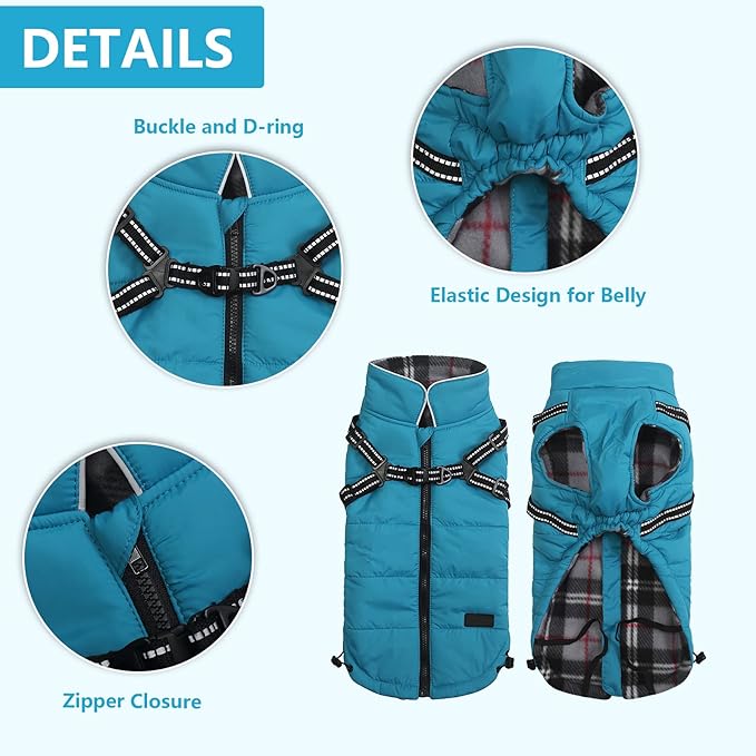 Geyecete Winter Warm Coat Waterproof Dog Winter Jacket with Harness Traction Belt,Pet Outdoor Jacket Dog Autumn and Winter Clothes for Medium, Small Dog-Blue-L